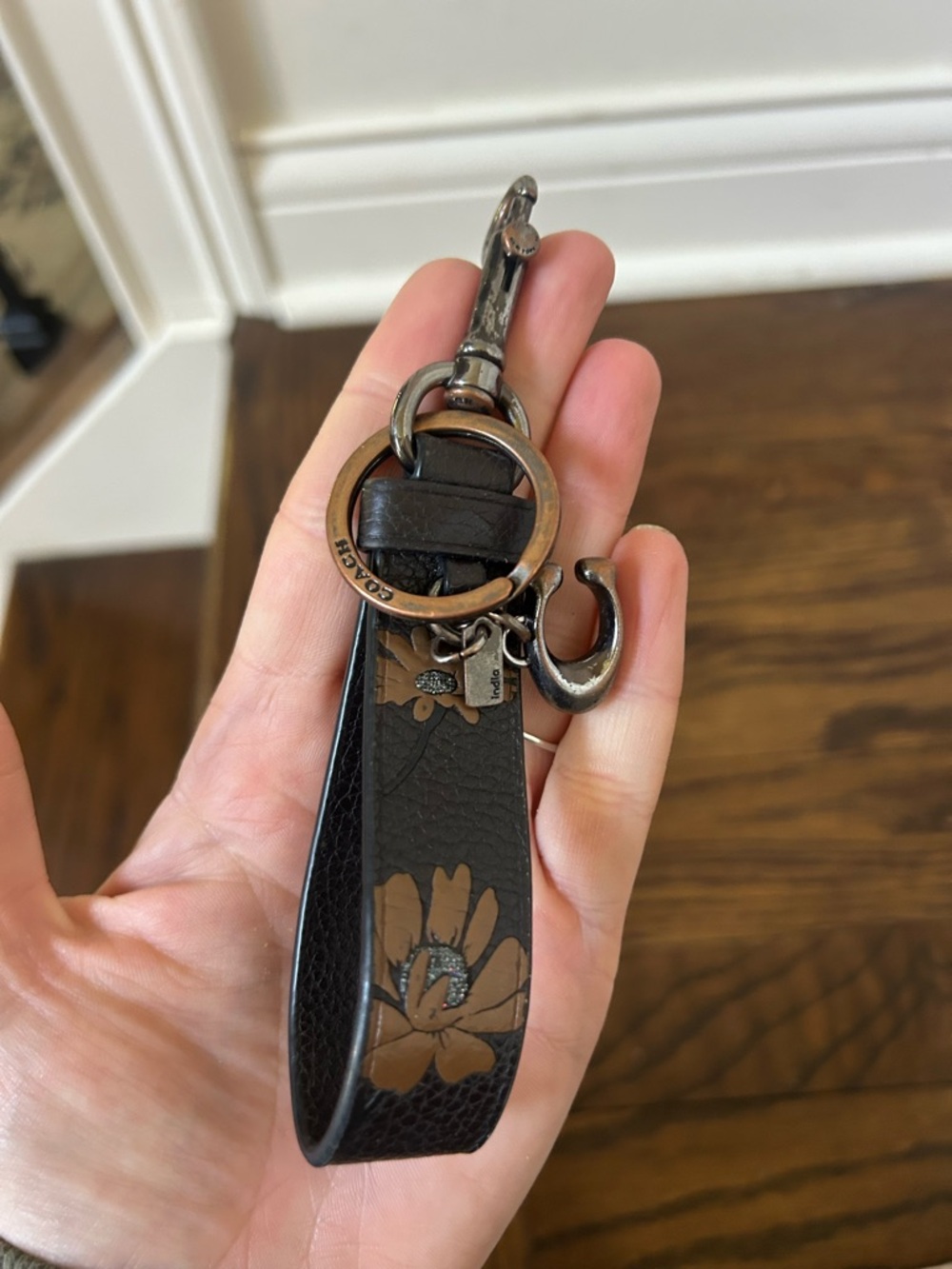Coach Black Floral Leather Key Fob Keychain loop willow charm